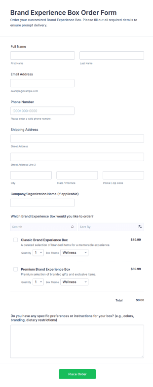 Brand Experience Box Order Form Template