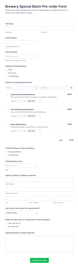 Brewery Special Batch Pre Order Form Template