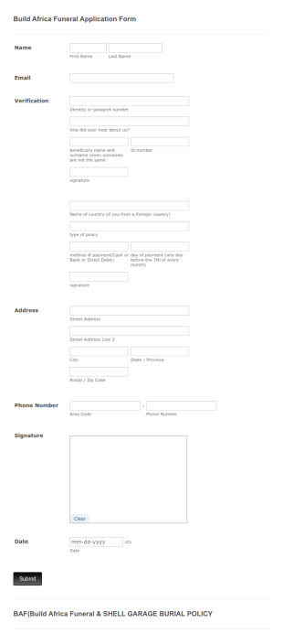 Build Africa Funeral Application Form Template