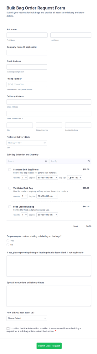 Bulk Bag Order Request Form Template