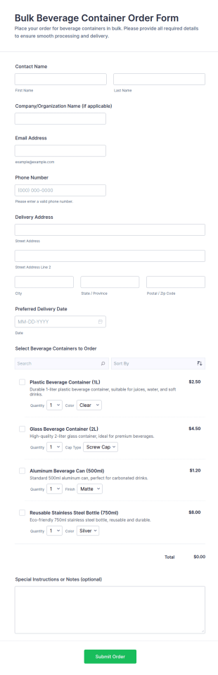 Bulk Beverage Container Order Form Template