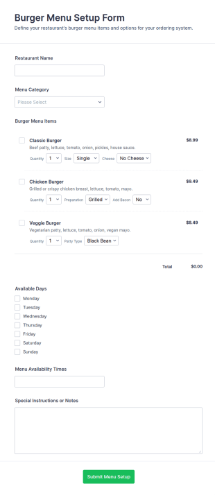 Burger Menu Setup Form Template