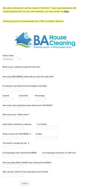 Business Snap Shot Form Template