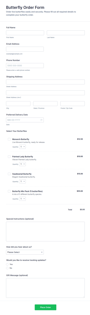 Butterfly Order Form Template