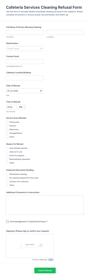 Cafeteria Services Cleaning Refusal Form Template