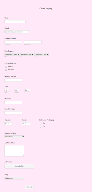 Cake Order Inquiry Form Template