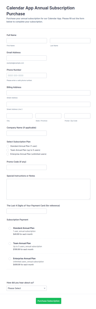 Calendar App Annual Subscription Purchase Form Template