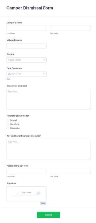 Camper Dismissal Form Template