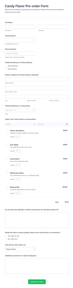 Candy Flavor Pre Order Form Template