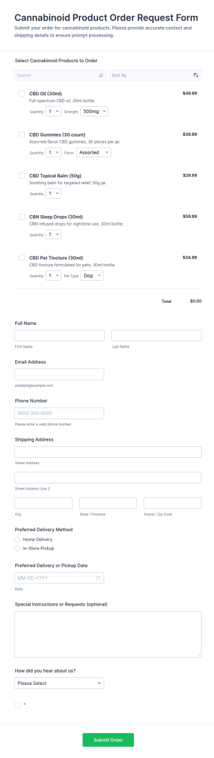 Cannabinoid Product Order Request Form Template