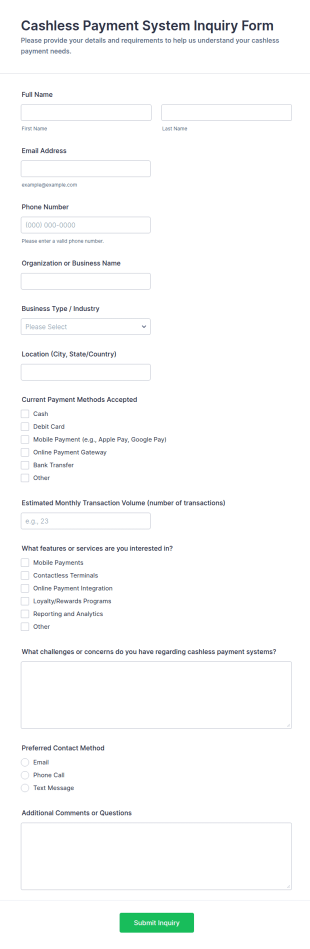 Cashless Payment System Inquiry Form Template