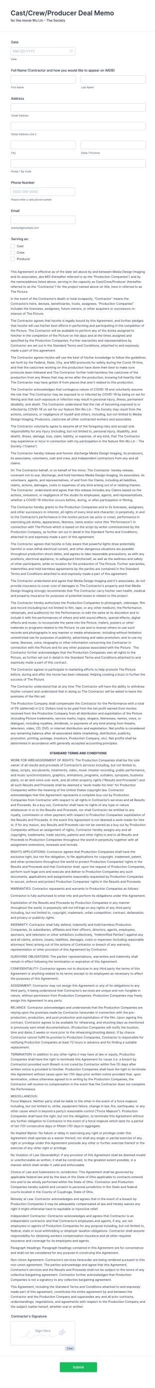 Cast/Crew/Producer Deal Memo Deferred Form Template