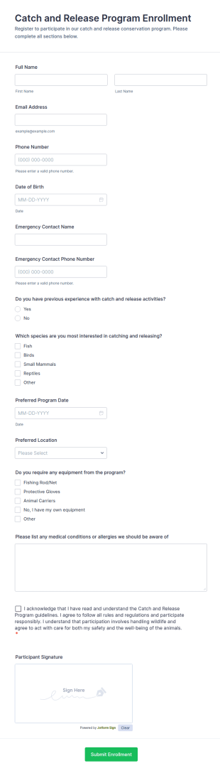 Catch And Release Program Enrollment Form Template