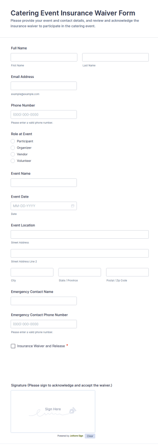 Catering Event Insurance Waiver Form Template
