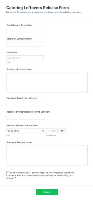 Catering Leftovers Release Form Template