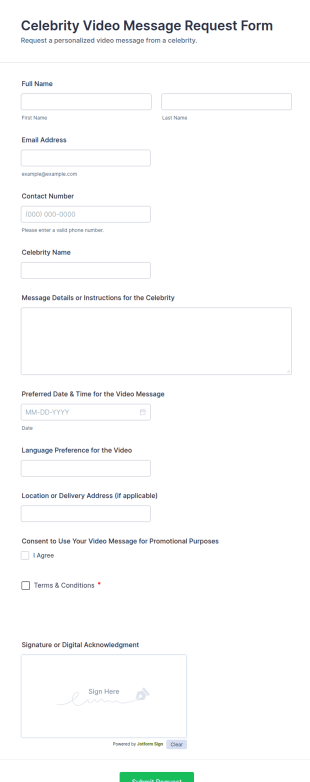 Celebrity Video Message Request Form Template