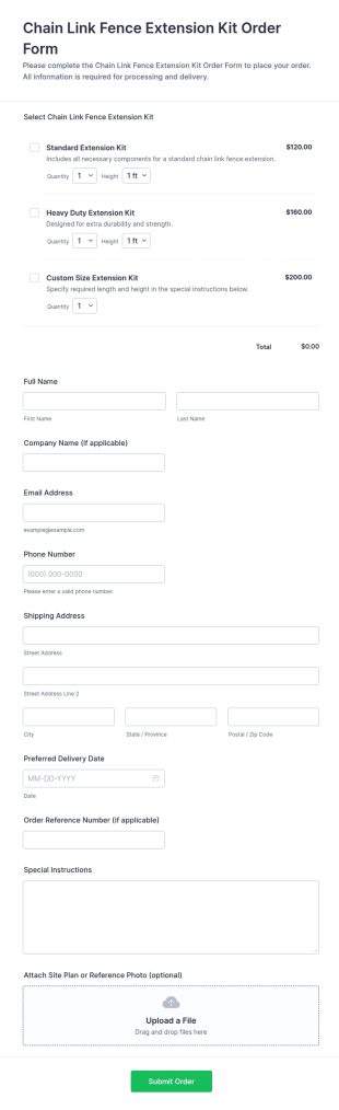Chain Link Fence Extension Kit Order Form Template