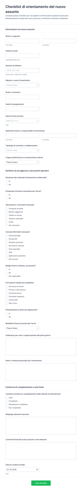 Checklist Di Orientamento Per Nuovi Dipendenti Form