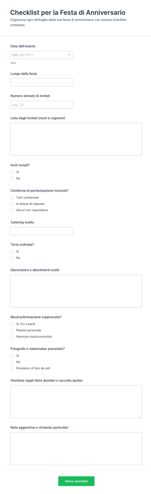 Checklist Per La Festa Di Anniversario