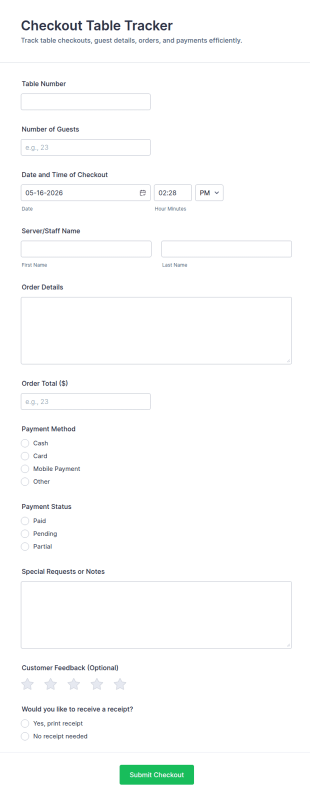 Checkout Table Tracker Form Template