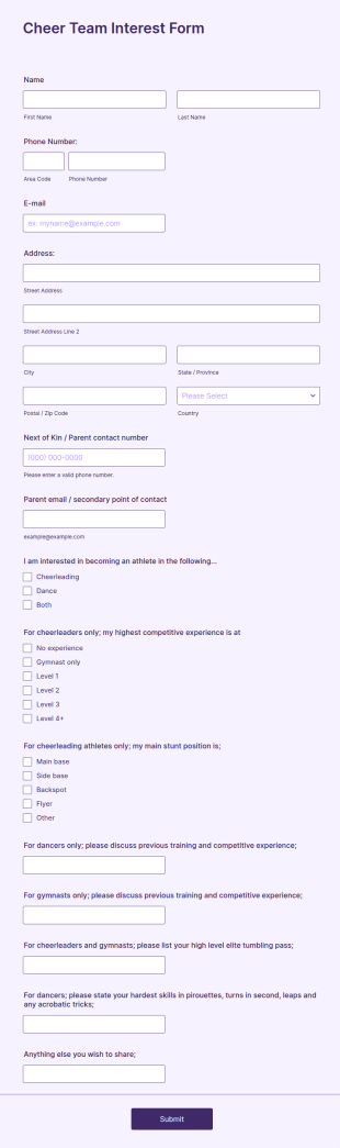 Cheer Team Interest Form Template