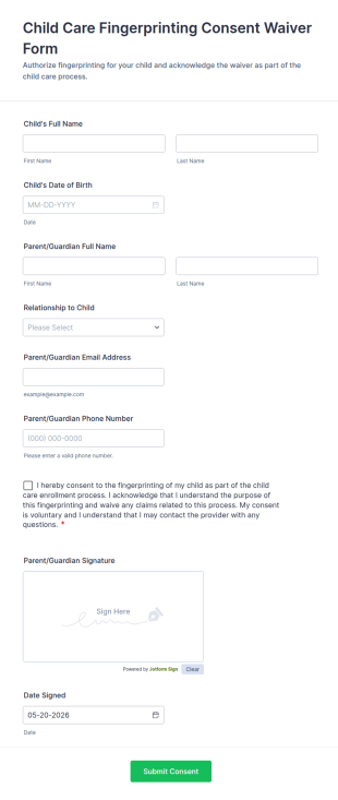 Child Care Fingerprinting Consent Waiver Form Template