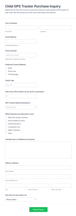 Child GPS Tracker Purchase Inquiry Form Template