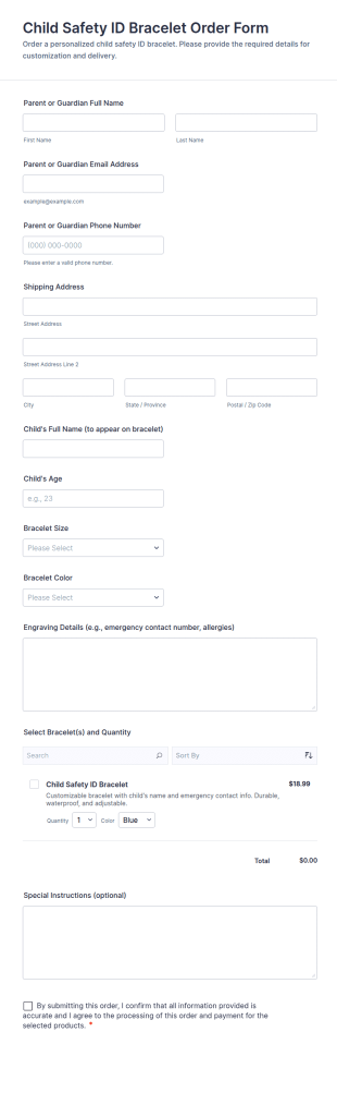 Child Safety ID Bracelet Order Form Template