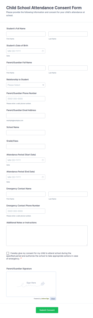 Child School Attendance Consent Form Template