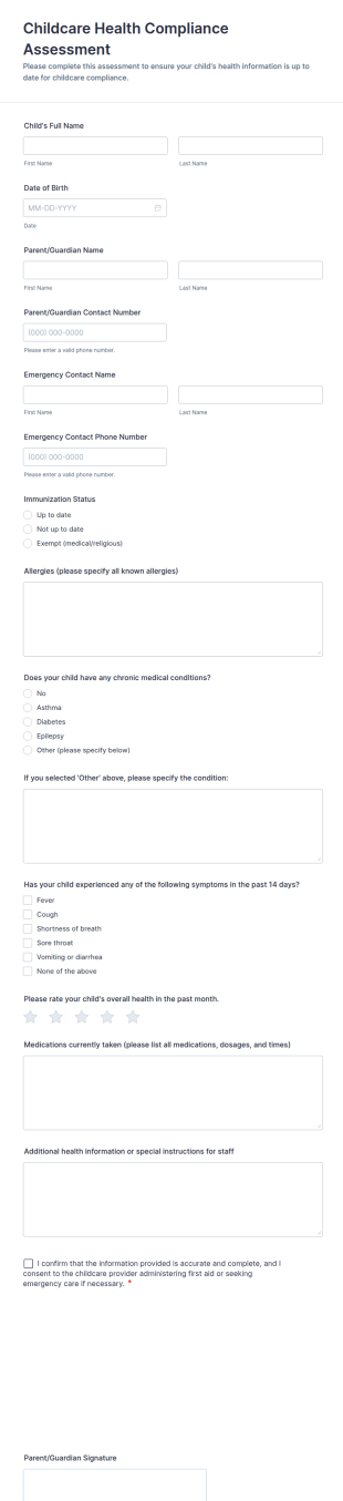 Childcare Health Compliance Assessment Form Template