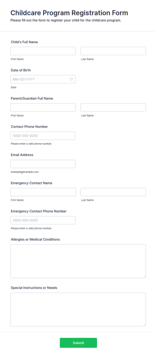 Childcare Program Registration Form Template