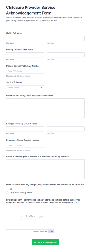 Childcare Provider Service Acknowledgement Form Template