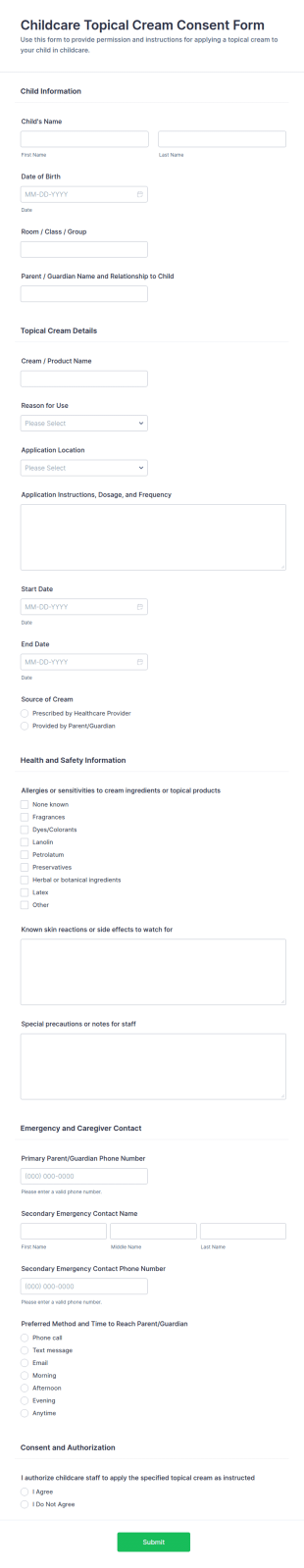 Childcare Topical Cream Consent Form Template