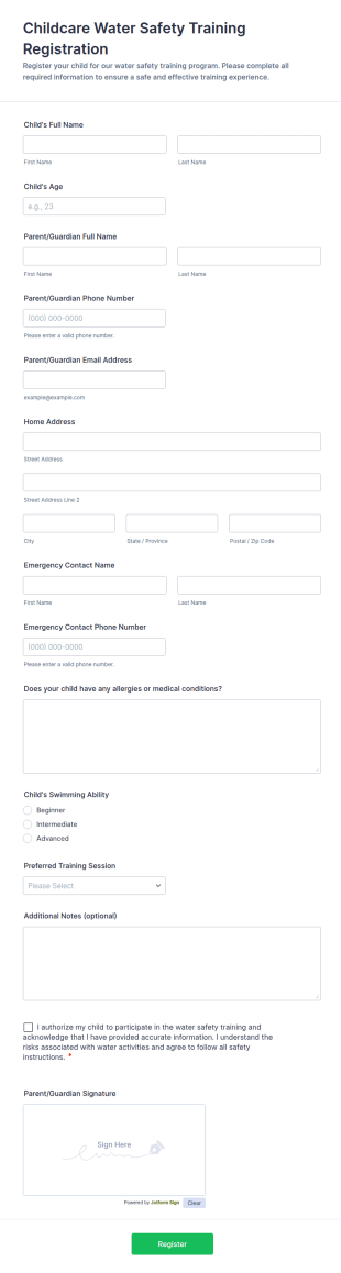 Childcare Water Safety Training Registration Form Template