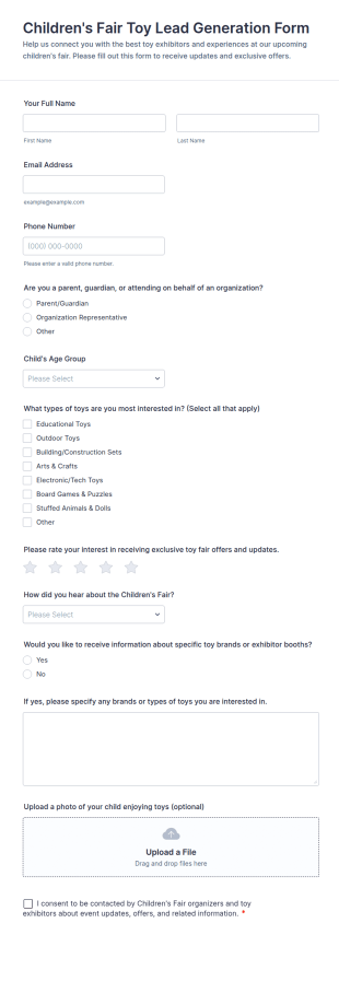 Children's Fair Toy Lead Generation Form Template