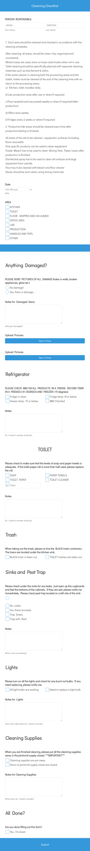 Cleaning Checklist Form Template