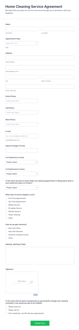 Cleaning Service Agreement Form Template