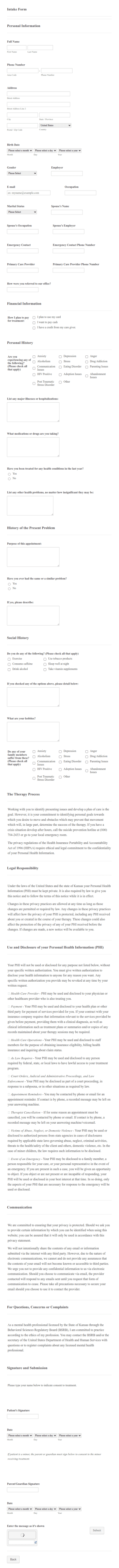 Client Intake Questionnaire Form Template