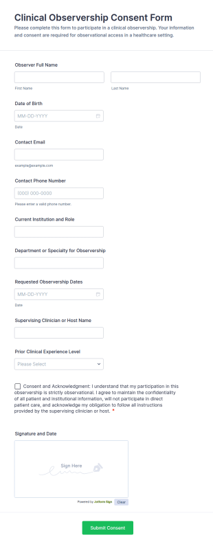 Clinical Observership Consent Form Template