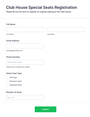 Club House Special Seats Registration Form Template
