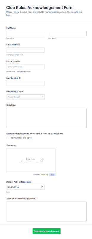 Club Rules Acknowledgement Form Template