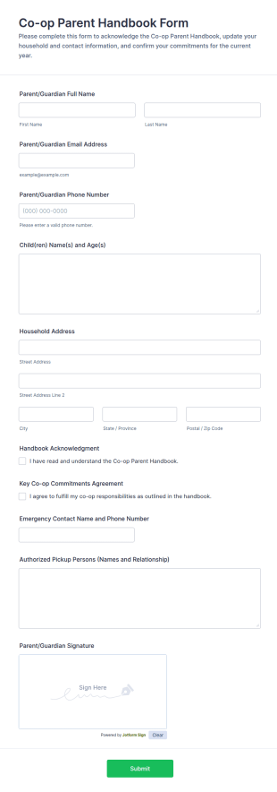 Co Op Parent Handbook Form Template