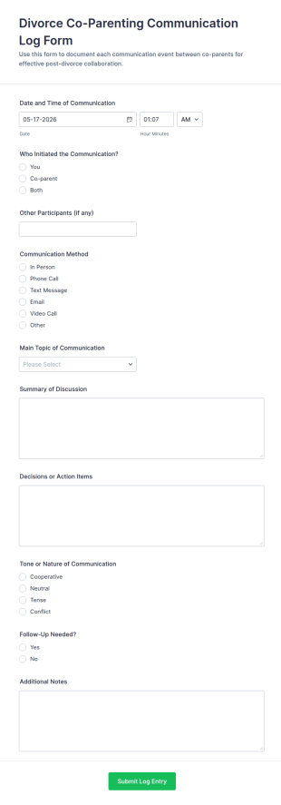 Co Parenting Communication Log Form Template