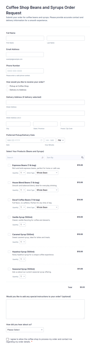 Coffee Shop Beans And Syrups Order Request Form Template