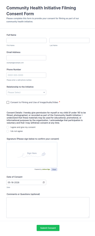 Community Health Initiative Filming Consent Form Template