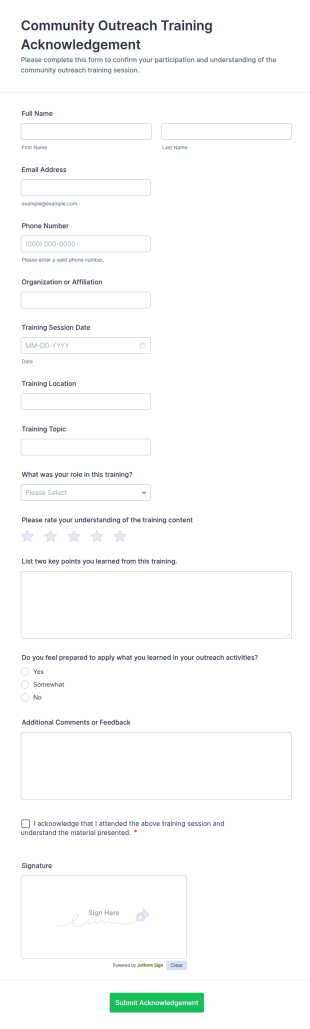 Community Outreach Training Acknowledgement Form Template