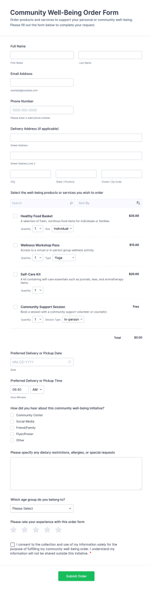 Community Well Being Order Form Template