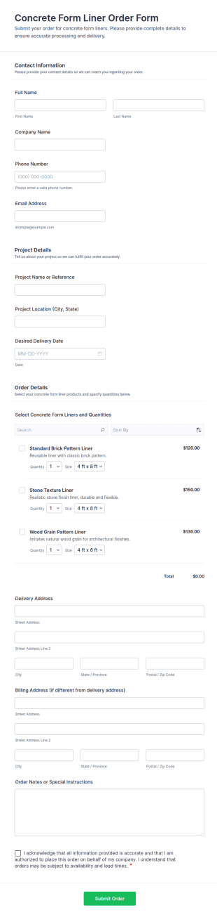 Concrete Form Liner Order Form