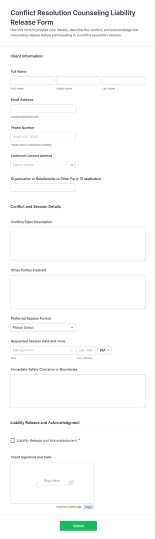 Conflict Resolution Counseling Liability Release Form Template