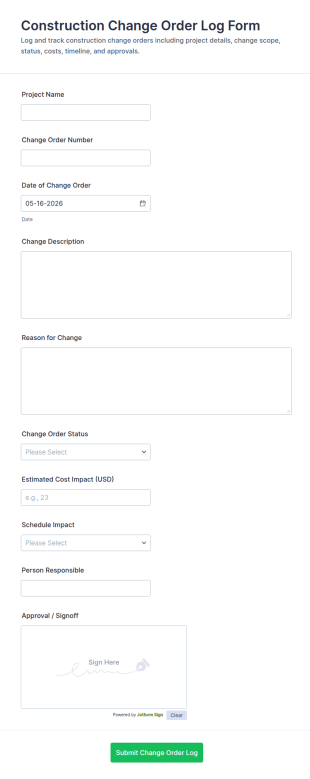Construction Change Order Log Form Template